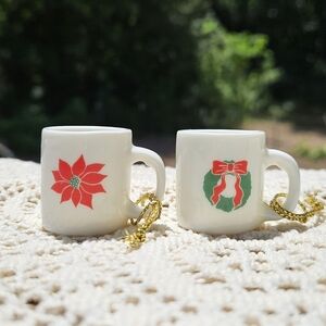 Two Miniature Coffee Mug Christmas Ornaments Decorations Wreath and Poinsettia